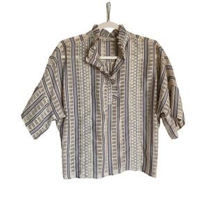 Sandro Guipure Lace Ruffle Trim Stripe Half Sleeve Boho Quiet Luxury Blouse